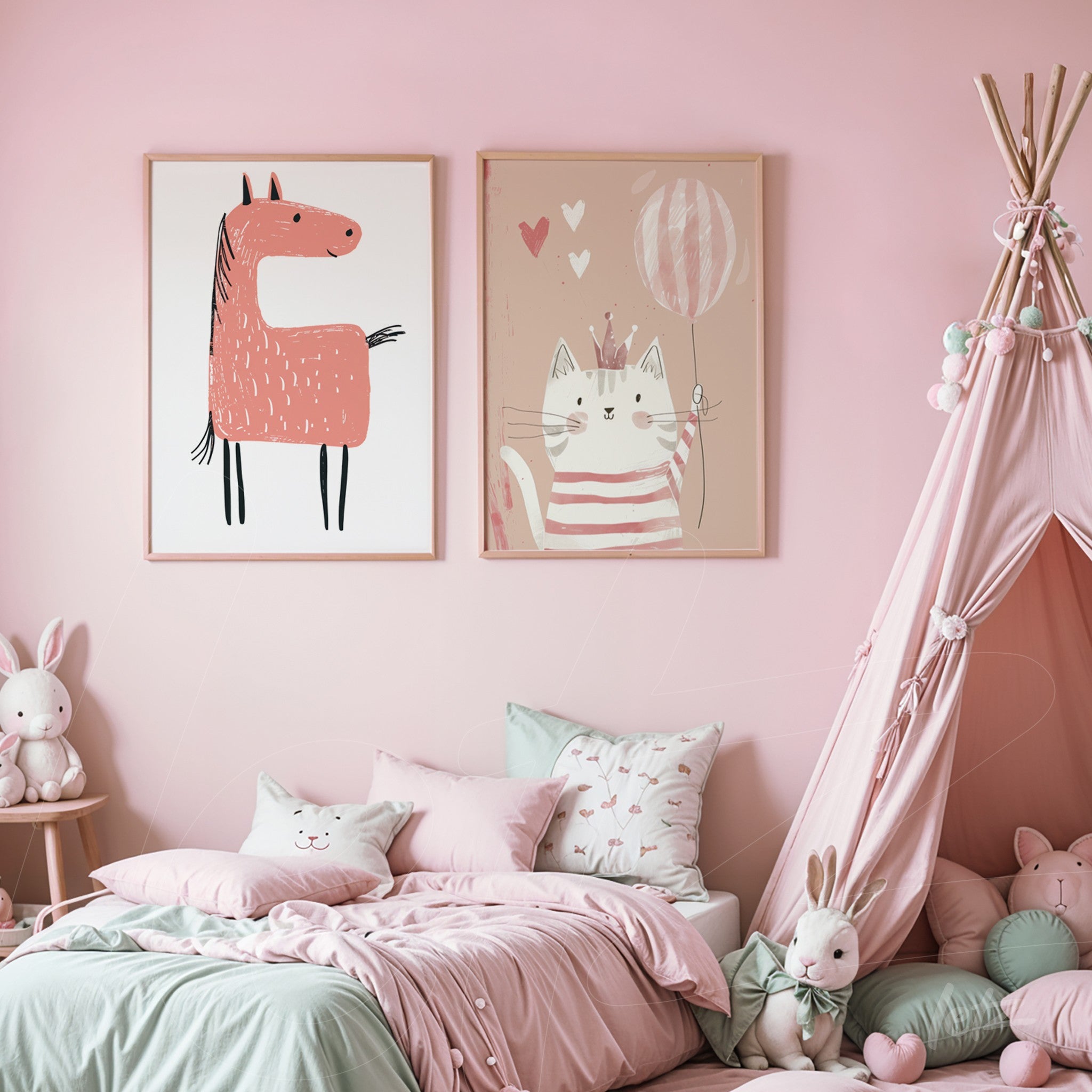 dupla de quadros com ilustrações infantis em moldura de madeira clara, um cavalo rosa com contorno preto e um gato fofo segurando um balão rosa, em ambiente de quarto decorado com paredes rosa e cama com almofadas delicadas