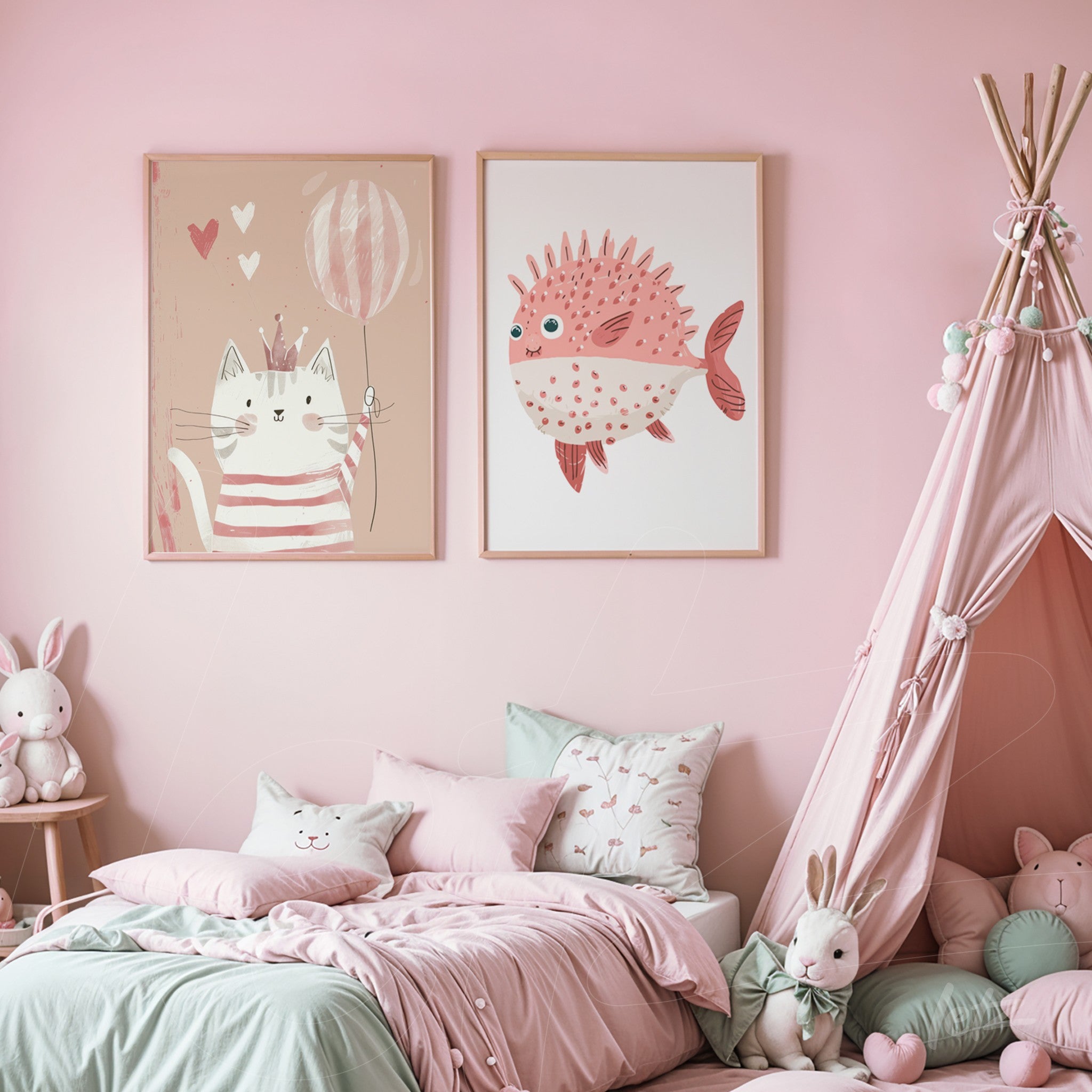 composição com dois quadros em moldura clara, um com gato segurando balões e o outro com peixe feito em arte digital, pendurados em parede rosa