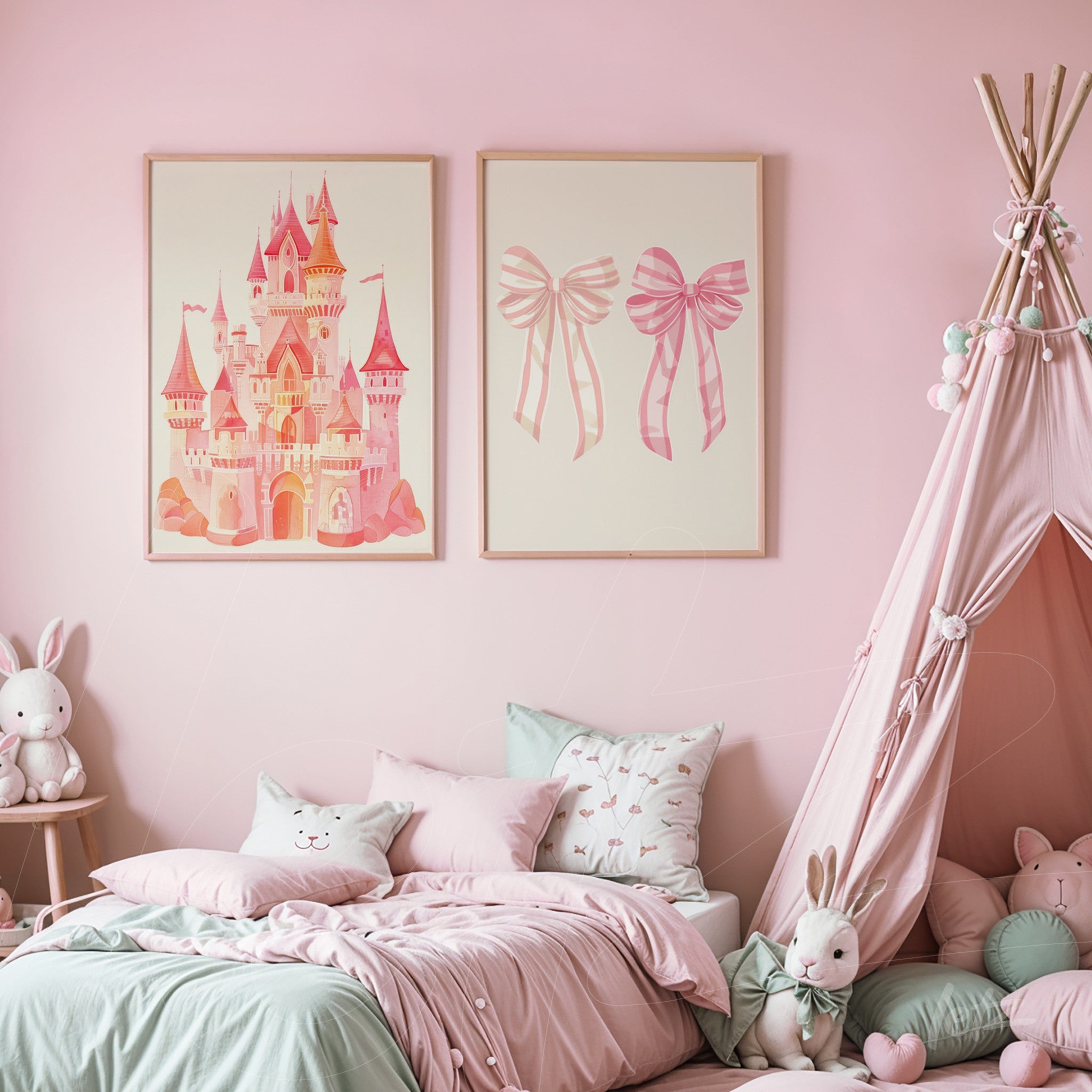 composição de quadros com castelo rosa e laços em moldura clara sobre parede rosa, decorando quarto infantil com cama blush e tenda de brincadeira