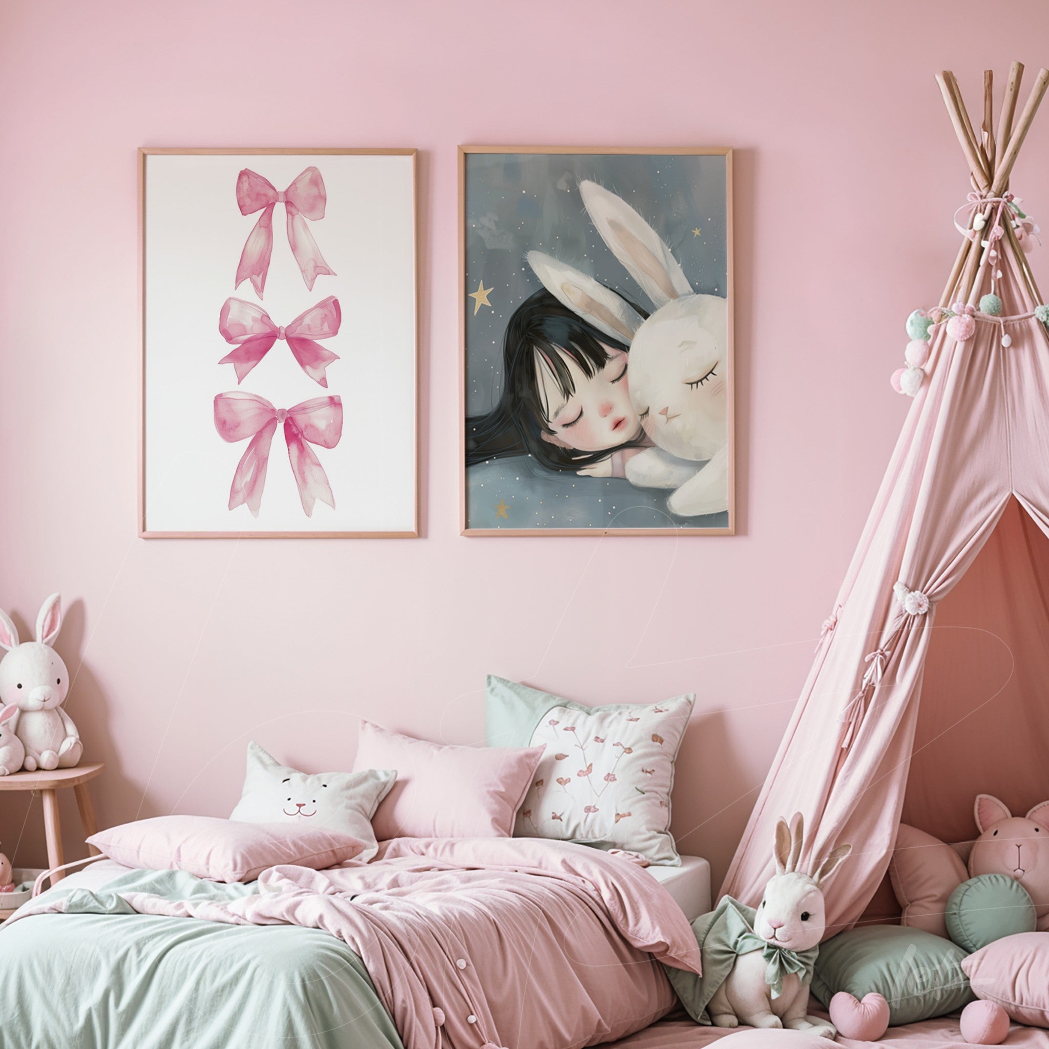 composição de quadros decorativos com laços rosa e ilustração de menina com coelho em molduras de madeira clara, exibidos em ambiente infantil com parede rosa