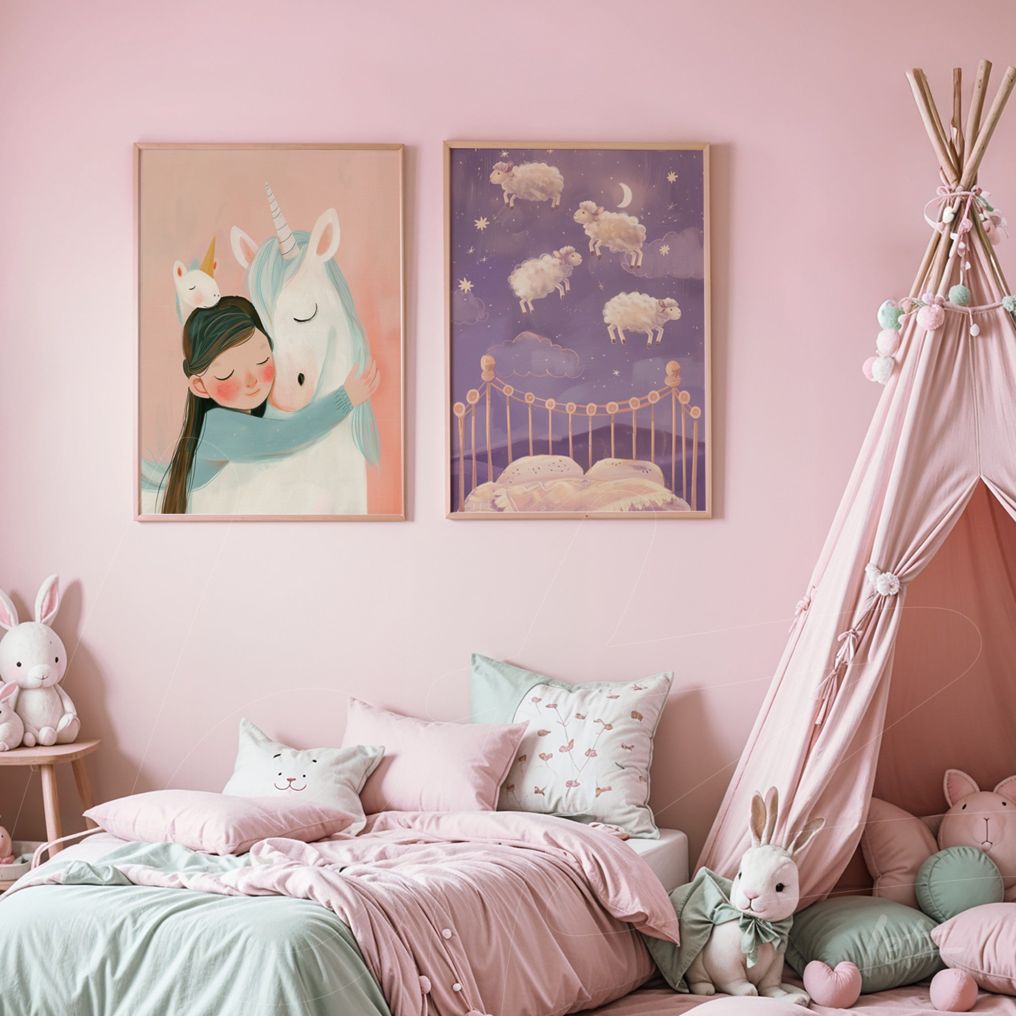 composição de quadros decorativos de estilo infantil, um com menina abraçando um unicórnio e outro com o céu estrelado e ovelhas, ambos em moldura clara contra parede rosa