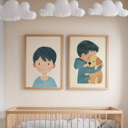 coleção de quadros com ilustrações de criança e cachorro em moldura de madeira clara, expostos sobre parede neutra