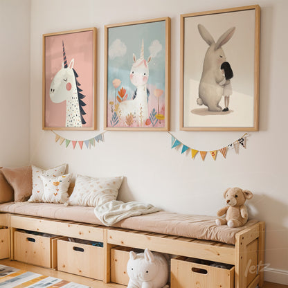 composição de quadros com ilustrações de unicórnios em moldura clara, exibidos em parede de quarto infantil