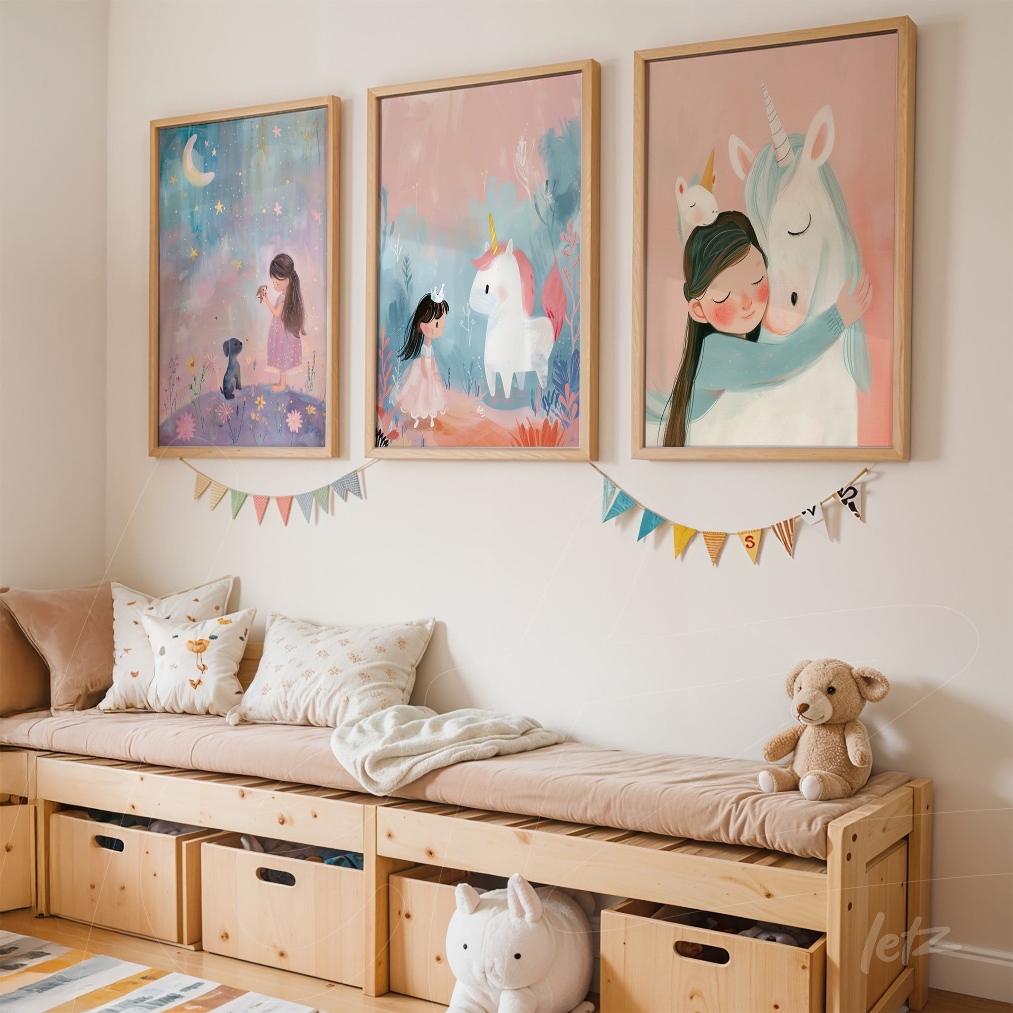 composição de quadros infantis com ilustrações de uma menina, unicórnios e uma lua, em molduras de madeira clara, expostos em um ambiente de quarto decorado com almofadas e brinquedos