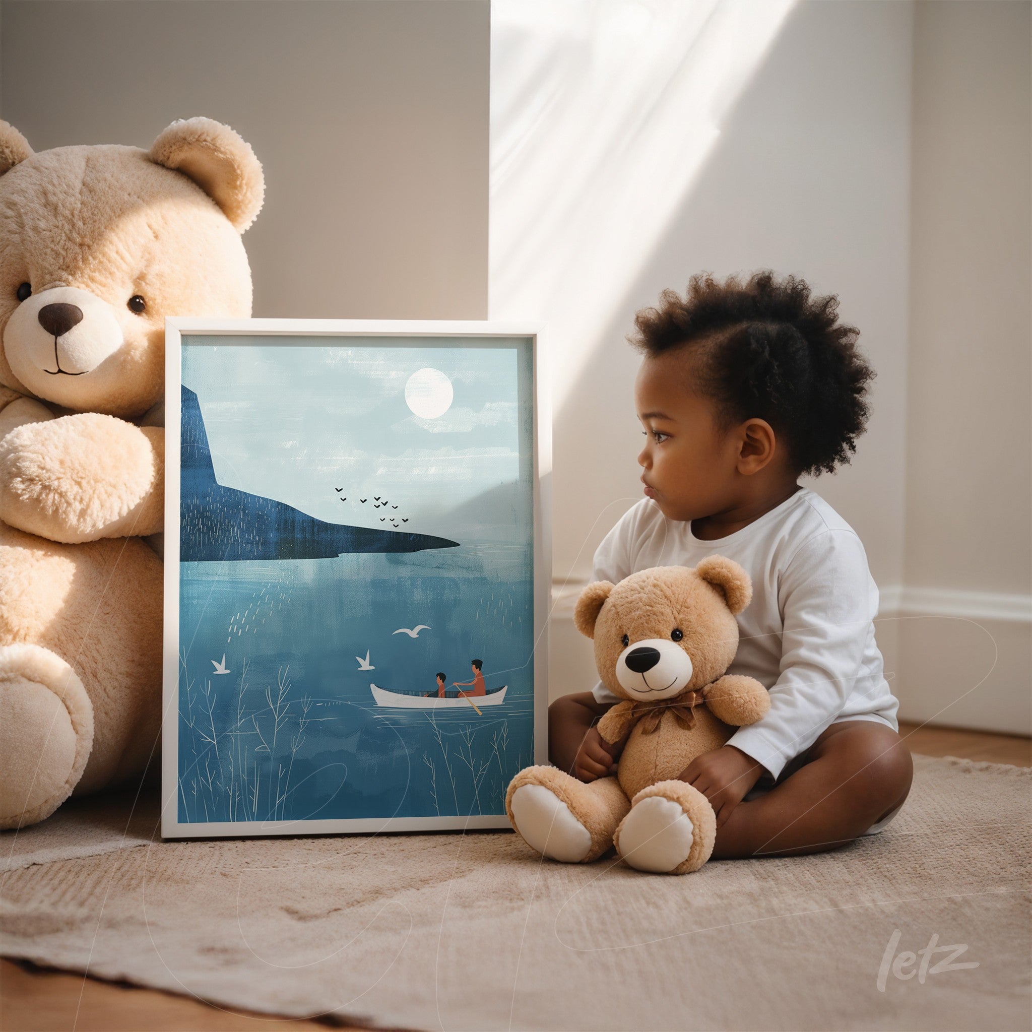 quadro decorativo com ilustração de um barco em lago sob uma noite tranquila, moldura branca, exibido ao lado de uma criança sentada com brinquedos macios