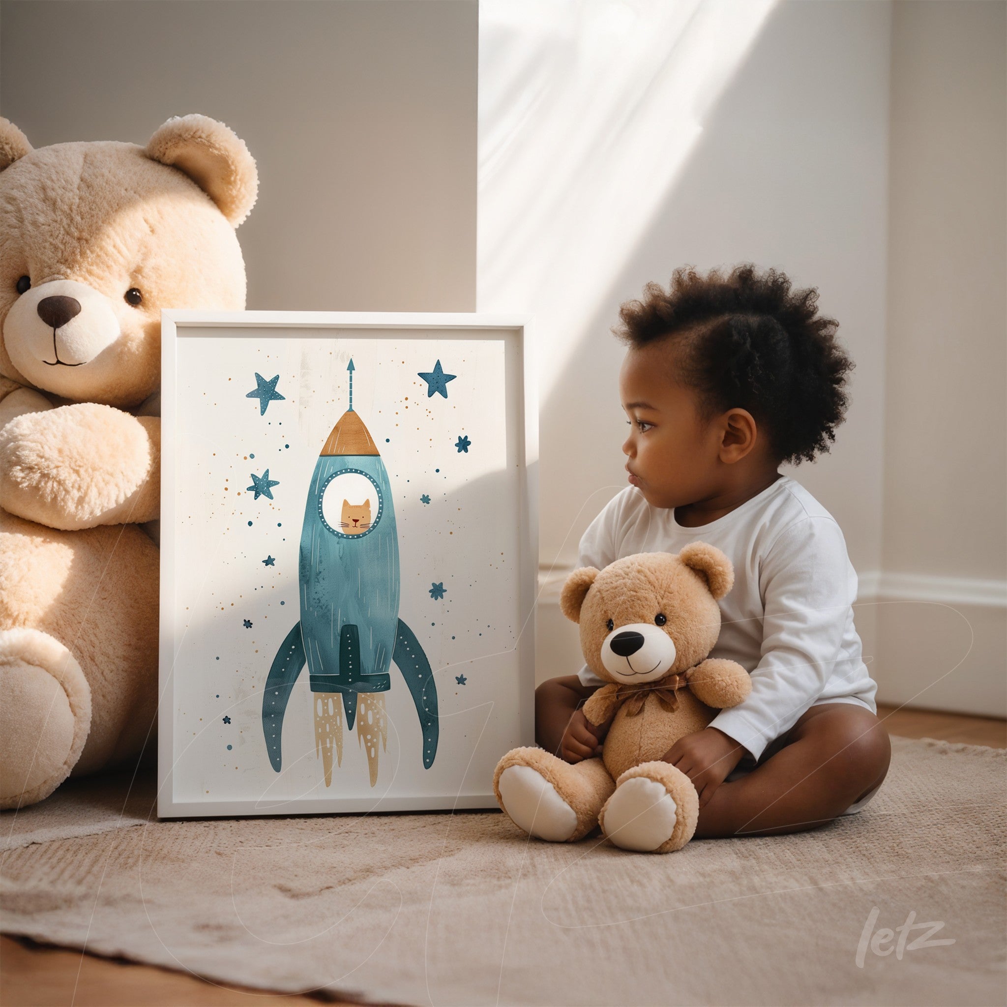 quadro com ilustração de foguete azul com estrelas na moldura branca, exibido ao lado de uma criança segurando um urso de pelúcia