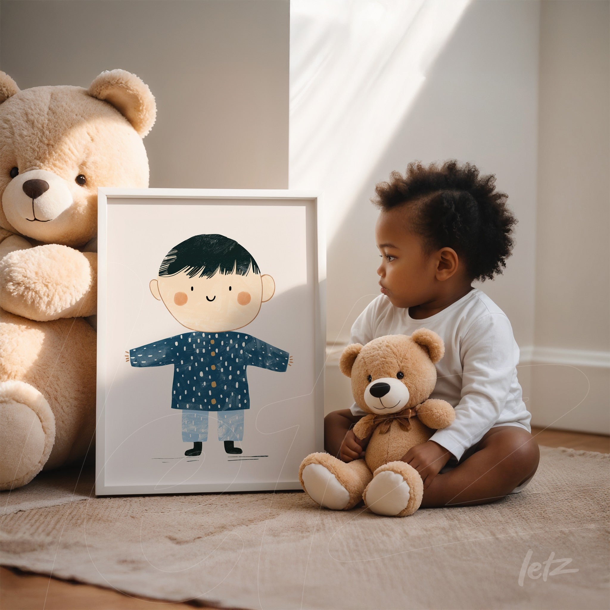 quadro com ilustração infantil de menino com camisa azul e fundo claro, apoiado em chão neutro ao lado de uma criança e de um urso de pelúcia