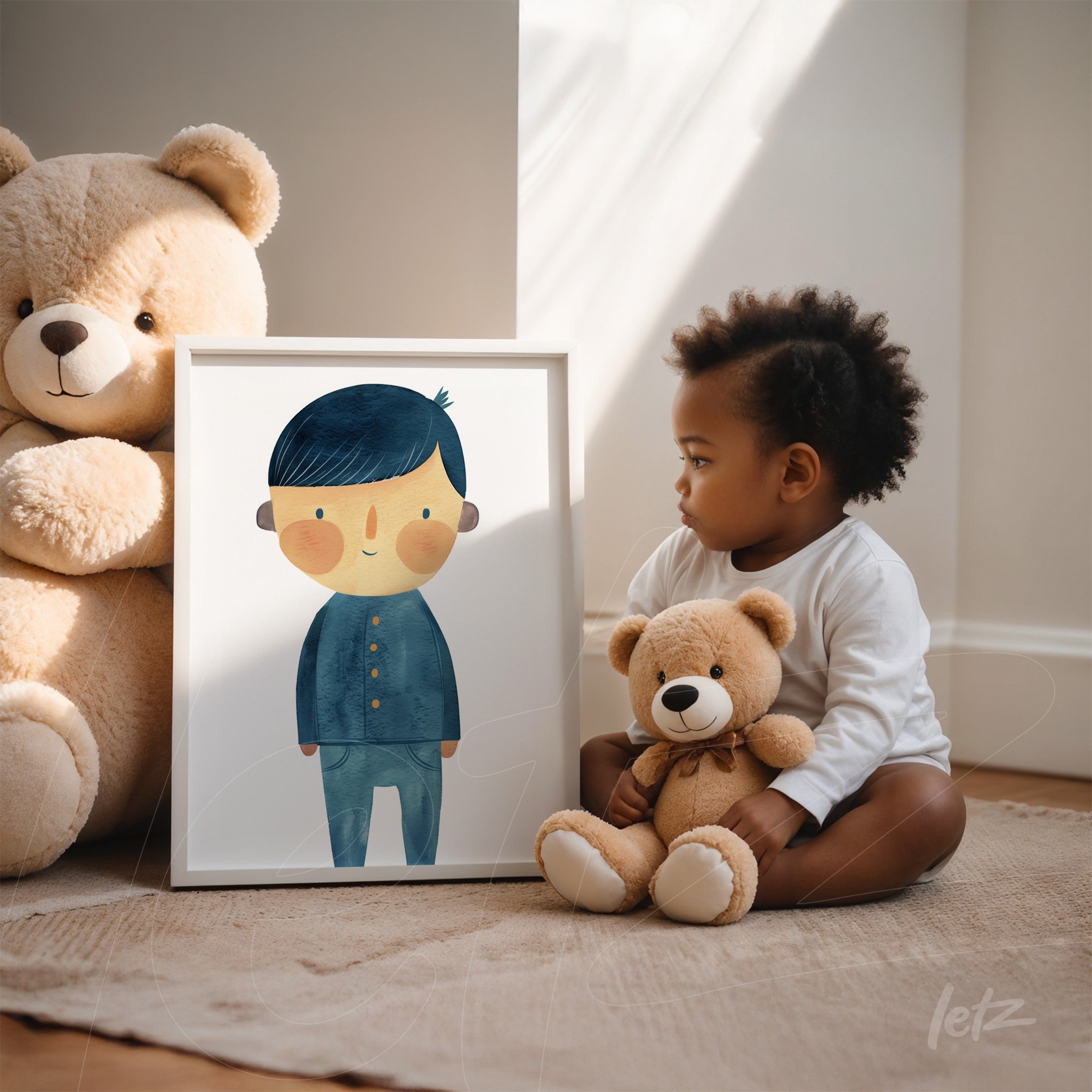 quadro com arte infantil de personagem ilustrado com cabelo escuro e roupa azul claro, em moldura branca, exibido ao lado de uma criança segurando um ursinho de pelúcia