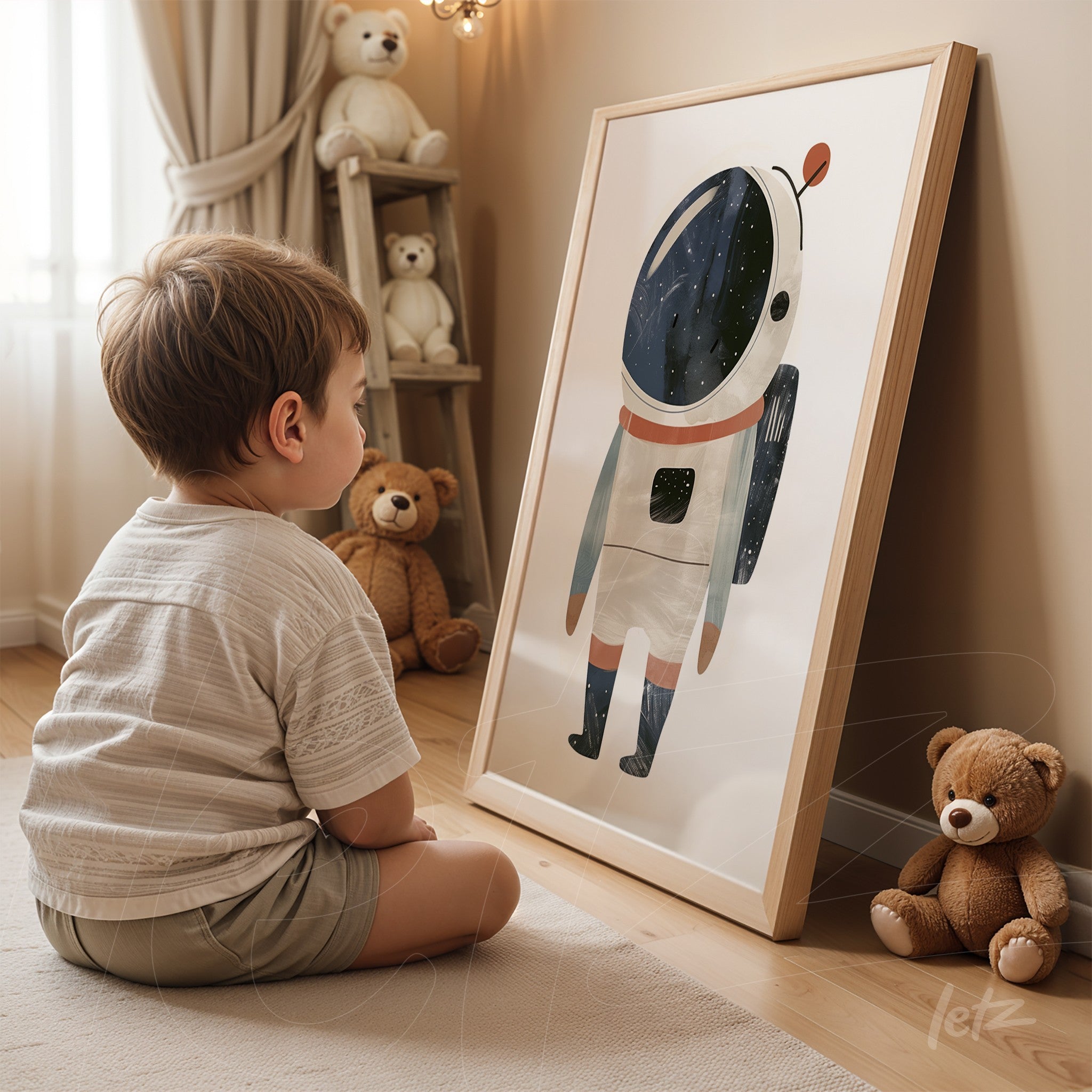 quadro com ilustração de astronauta em moldura de madeira clara, exibido em ambiente infantil com um menino sentado ao lado