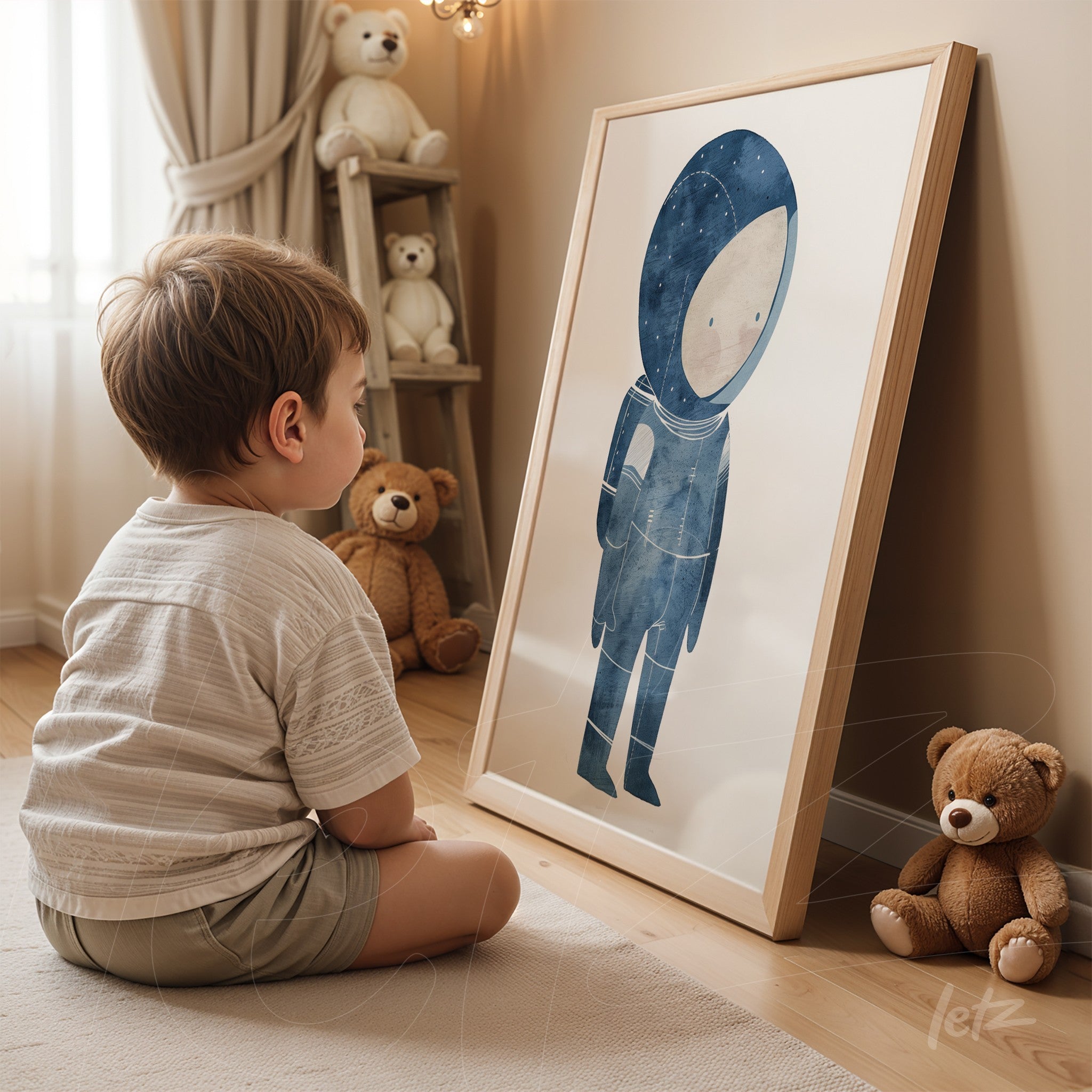 quadro com ilustração de astronauta de estilo lúdico em moldura de madeira clara, apoiado em chão de madeira com brinquedos ao redor