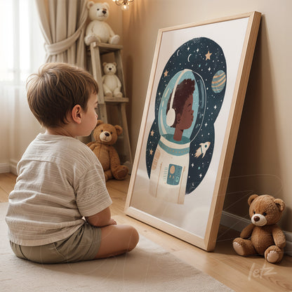 quadro decorativo com ilustração de criança astronauta em moldura clara, exibido em ambiente aconchegante com brinquedos ao redor