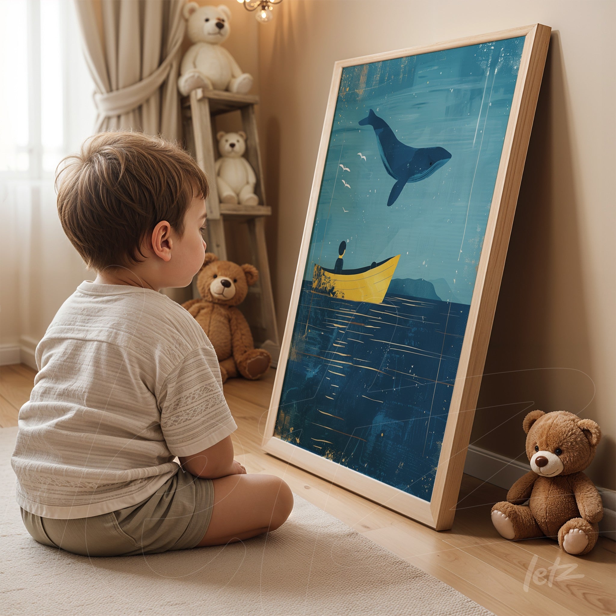quadro com ilustração de um menino em um barco amarelo observando uma baleia em fundo azul, apoiado em prateleira de madeira ao lado de brinquedos
