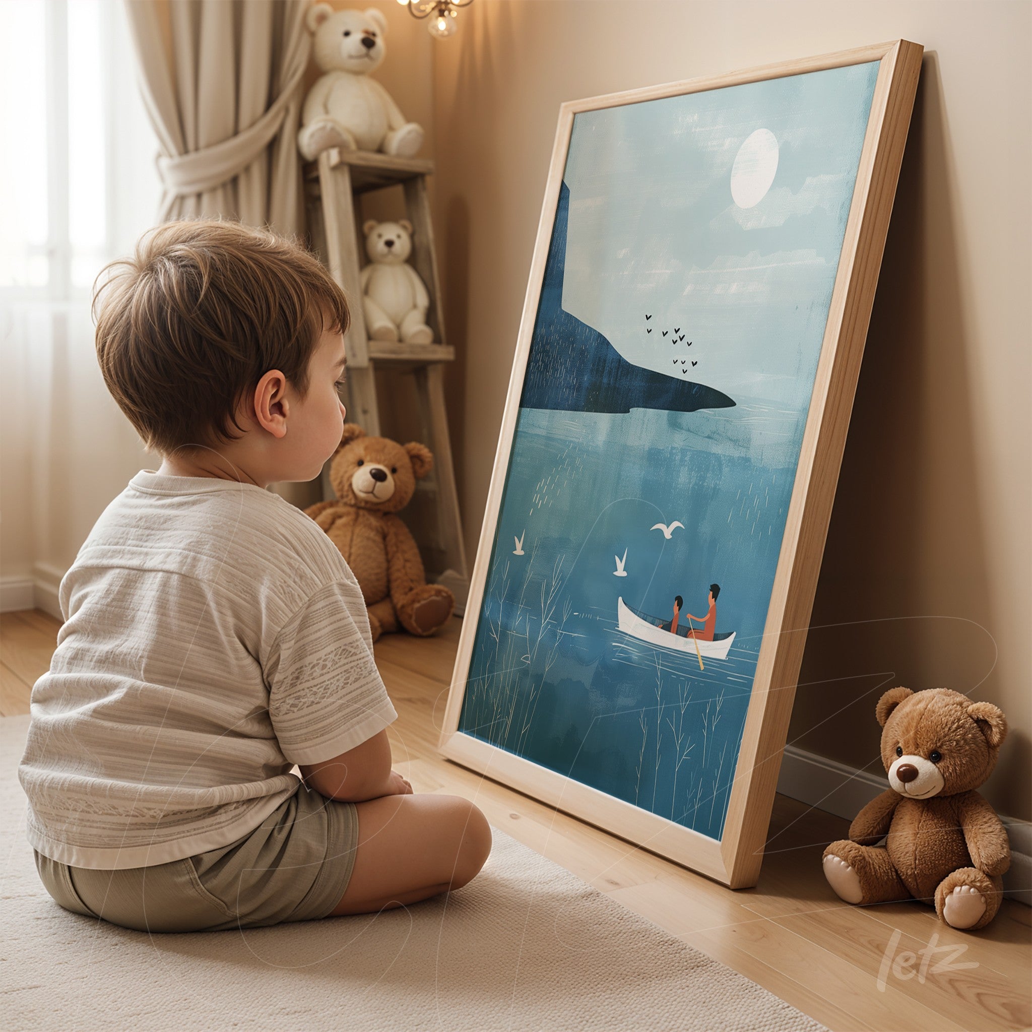 quadro emoldurado com ilustração de um barco em lago sereno, enquanto uma criança observa em frente a móveis de madeira clara