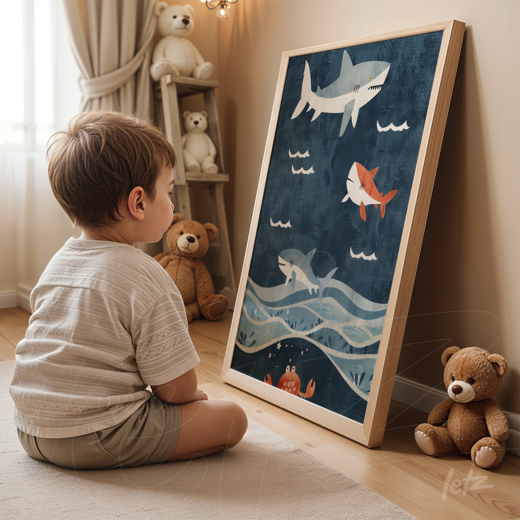 quadro com ilustração infantil de tubarões e peixes coloridos em fundo azul, apoiado no chão ao lado de brinquedos