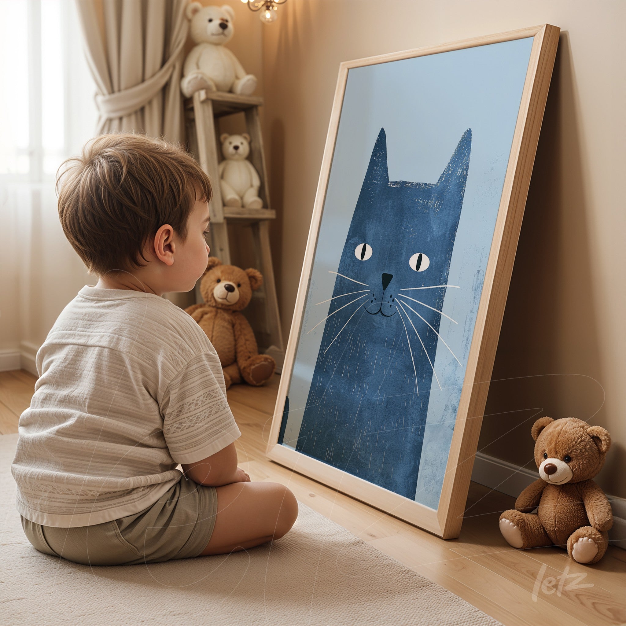 quadro com ilustração de gato azul em moldura de madeira clara, apoiado no chão em um ambiente aconchegante com brinquedos de pelúcia