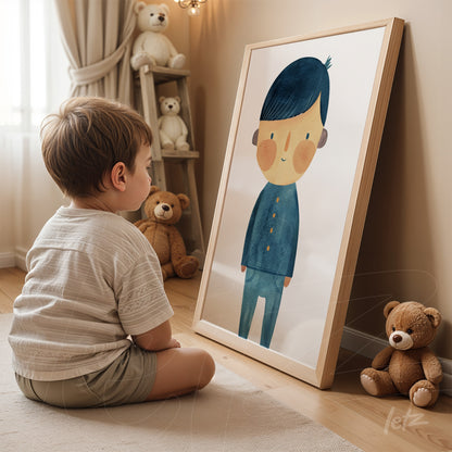 quadro com ilustração de menino ao lado de criança sentada no chão, moldura de madeira clara