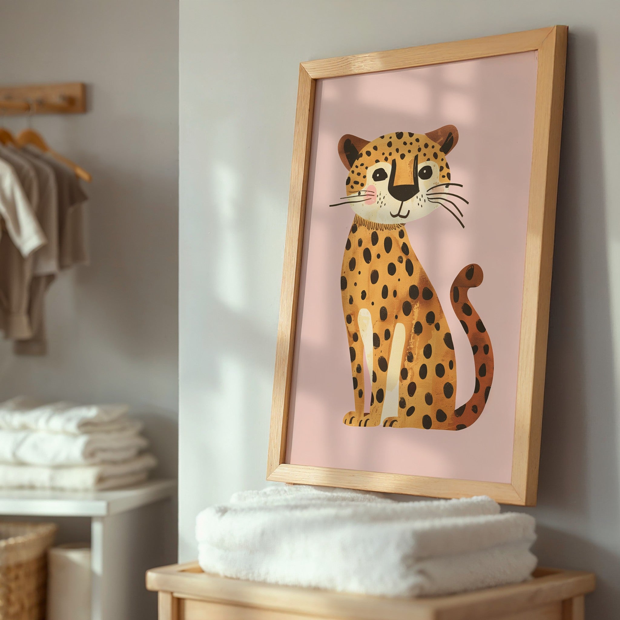 quadro decorativo de um leopardo estilizado com fundo rosa, em moldura de madeira clara, apoiado sobre uma prateleira com toalhas brancas