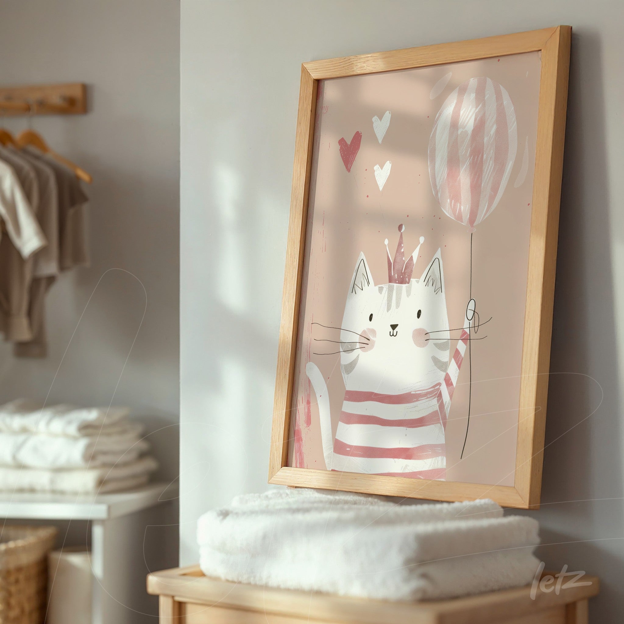 quadro com ilustração de um gato fofo segurando um balão na festa, moldura de madeira clara