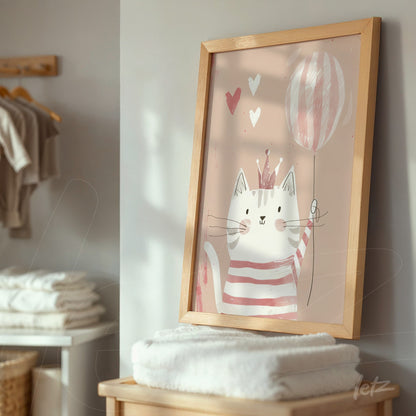 quadro com ilustração de um gato fofo segurando um balão na festa, moldura de madeira clara