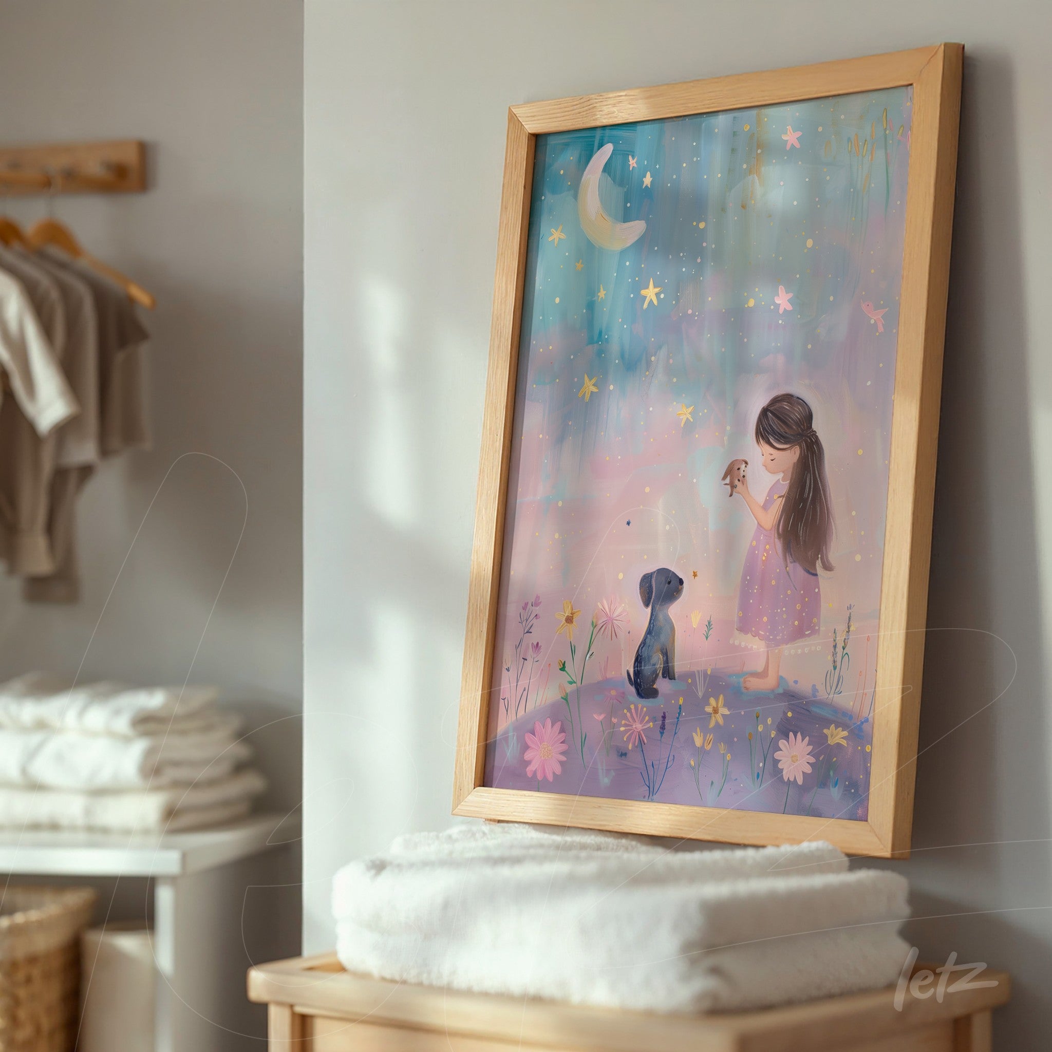 quadro com arte infantil de menina segurando pássaro ao lado de um cão em moldura de madeira clara