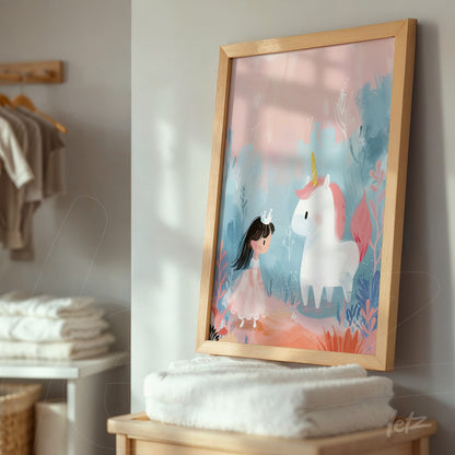 quadro com ilustração infantil de uma menina em vestido rosa interagindo com um unicórnio branco, moldura de madeira clara em ambiente acolhedor