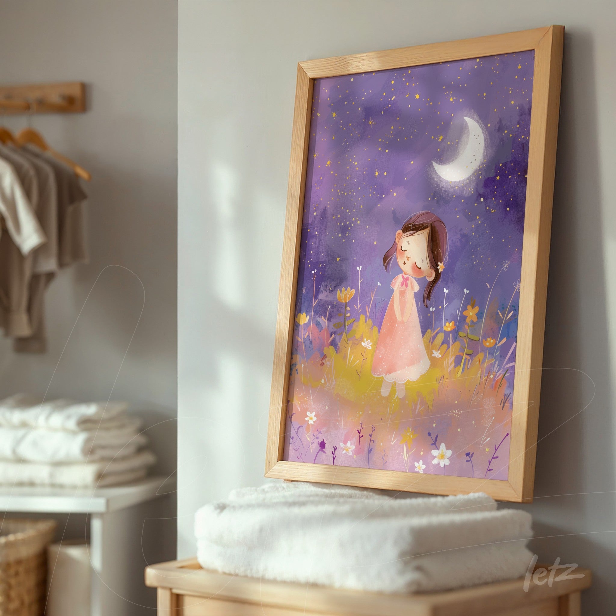 quadro com ilustração de menina vestindo vestido rosa rodeada por flores e lua em fundo estrelado, moldura de madeira clara