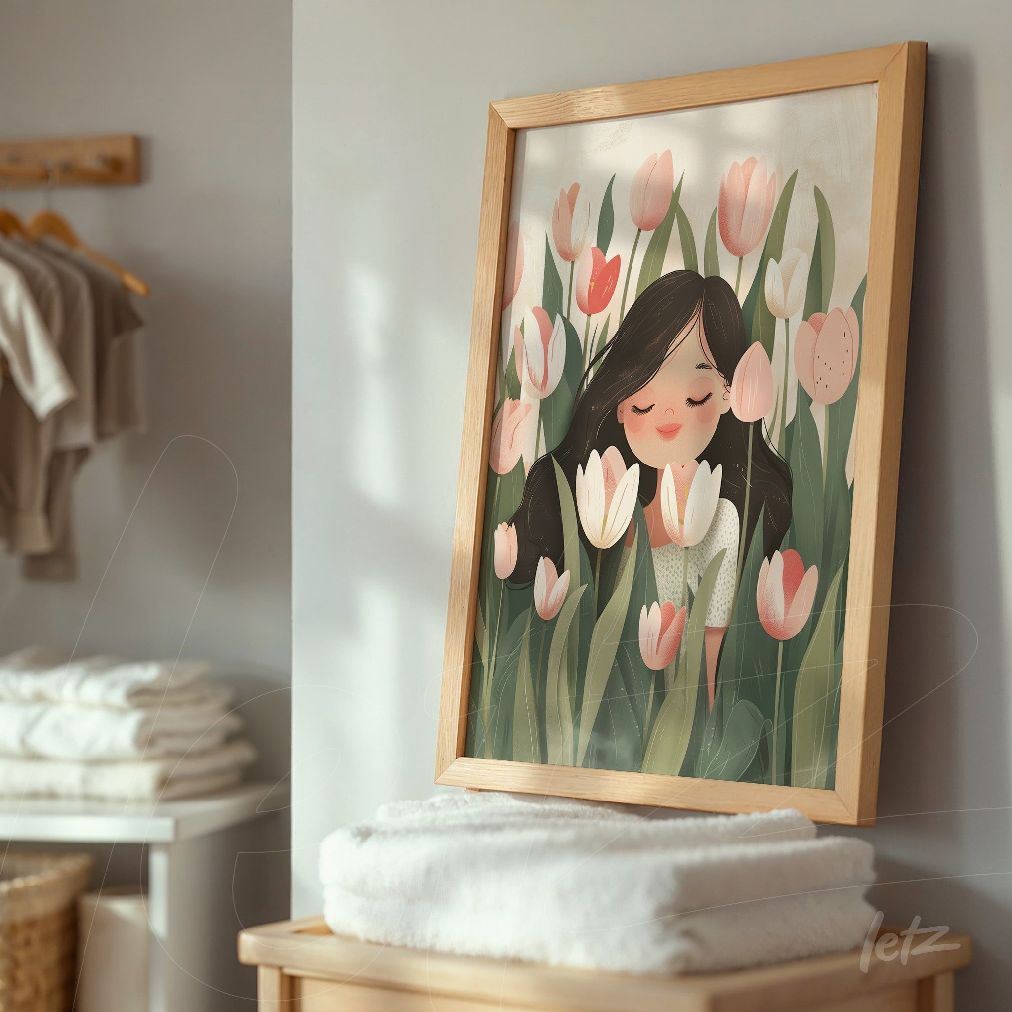 quadro com ilustração de menina sorrindo em um campo de tulipas com moldura de madeira clara
