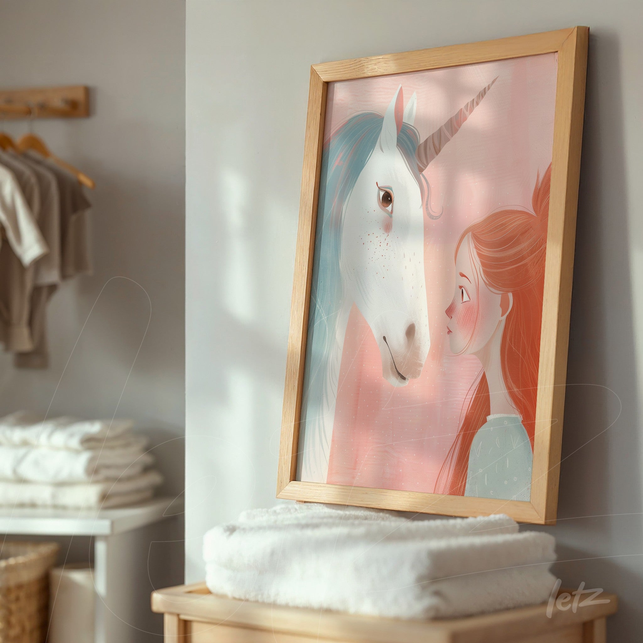 quadro com ilustração de um unicórnio e uma jovem em moldura de madeira clara