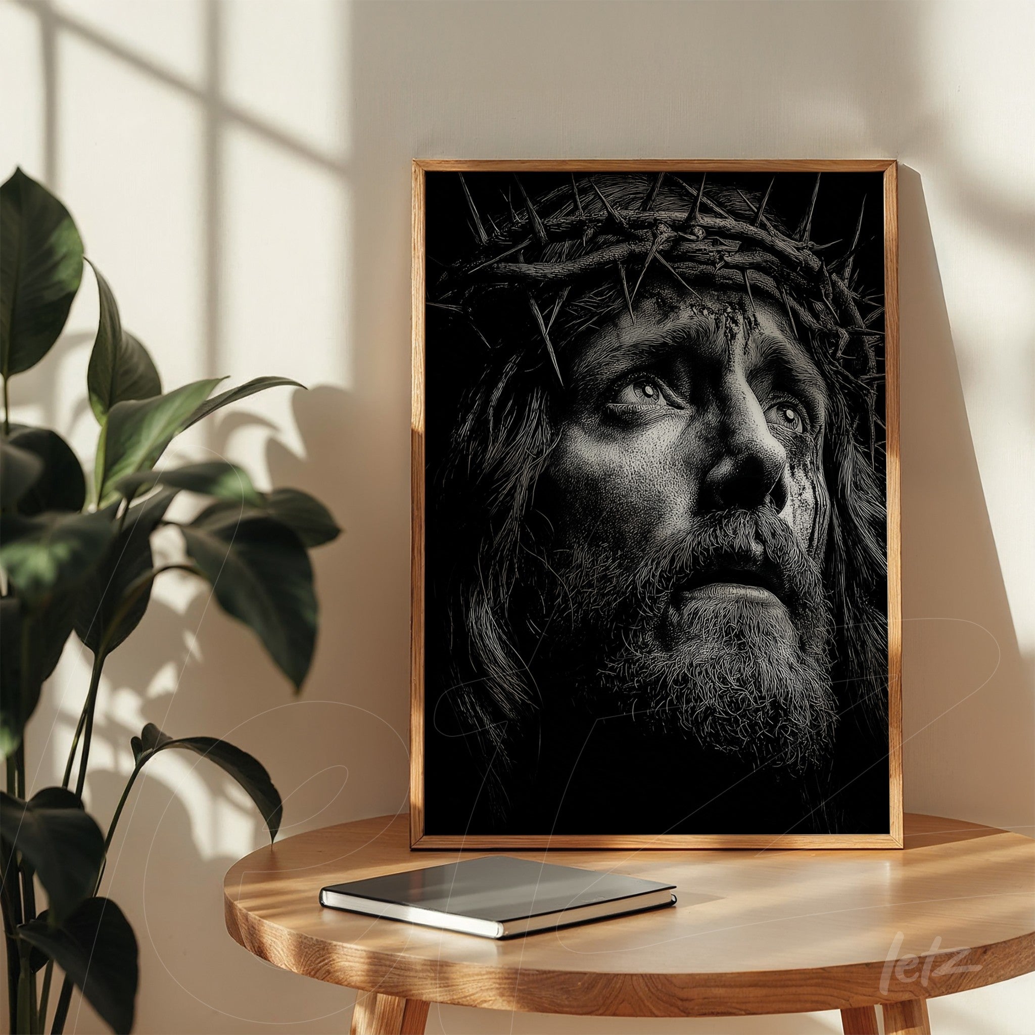quadro com retrato em preto e branco de uma figura religiosa com coroa de espinhos, moldura de madeira clara em ambiente iluminado e natural
