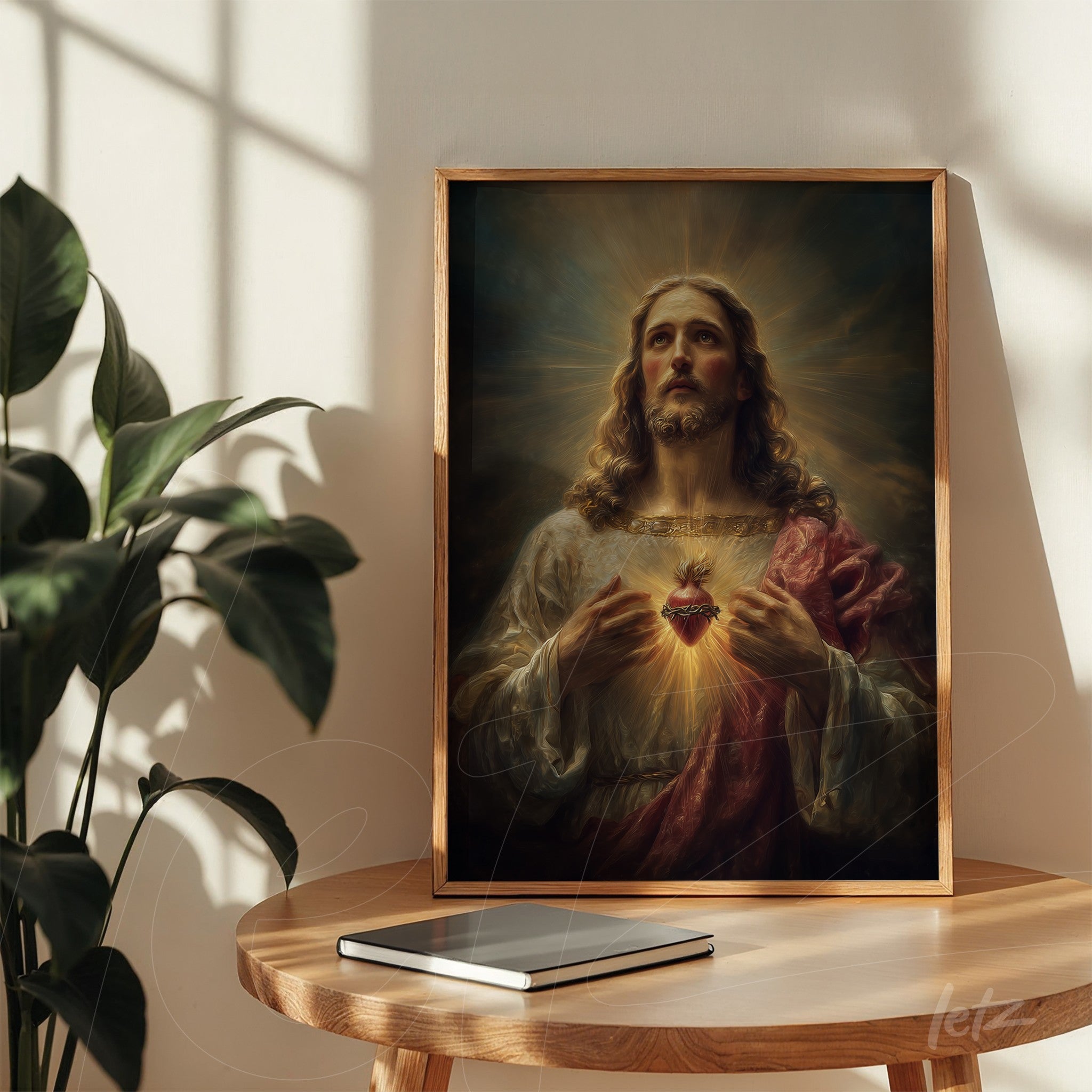 quadro emoldurado com representação religiosa de Jesus Cristo com o Sagrado Coração exposto, sobre mesa de madeira em ambiente iluminado por luz natural