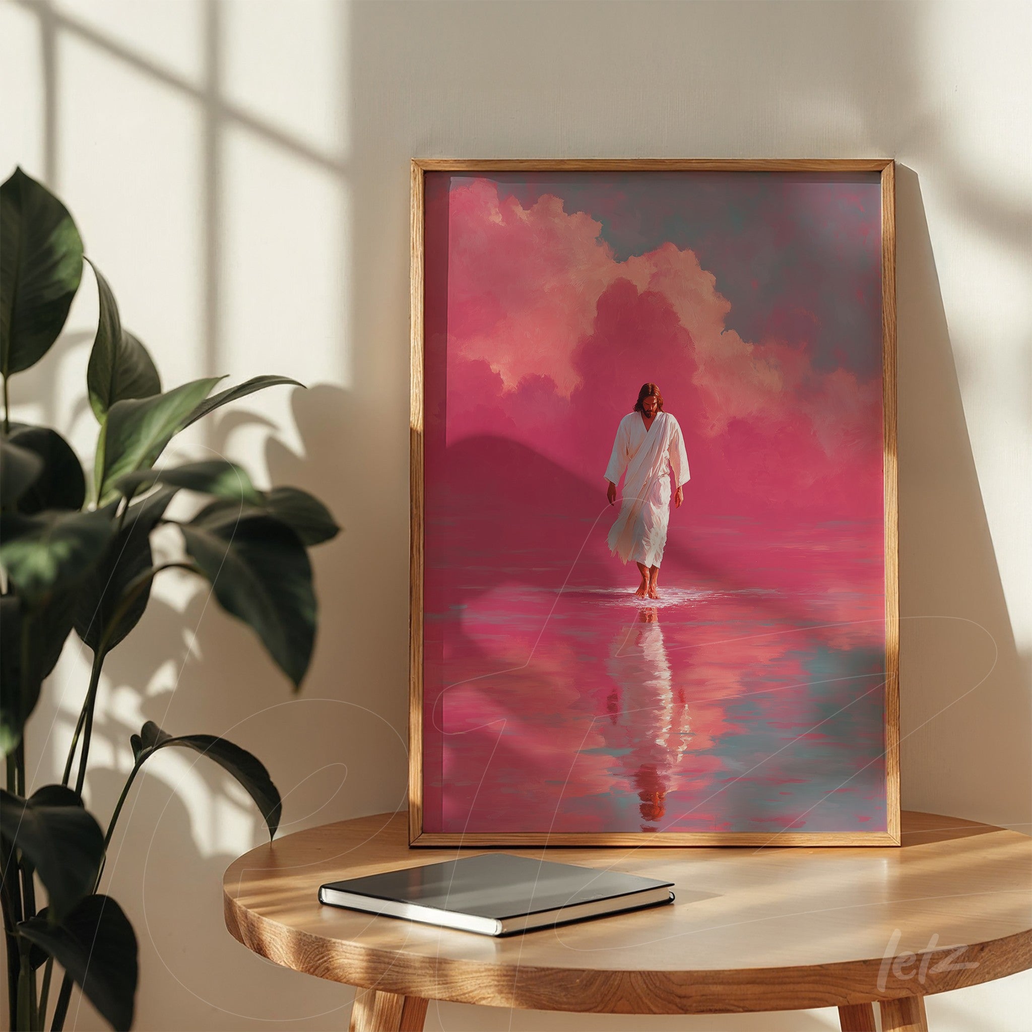 quadro com arte digital de figura bíblica caminhando sobre águas em tonalidades de rosa e lilás com moldura em madeira clara