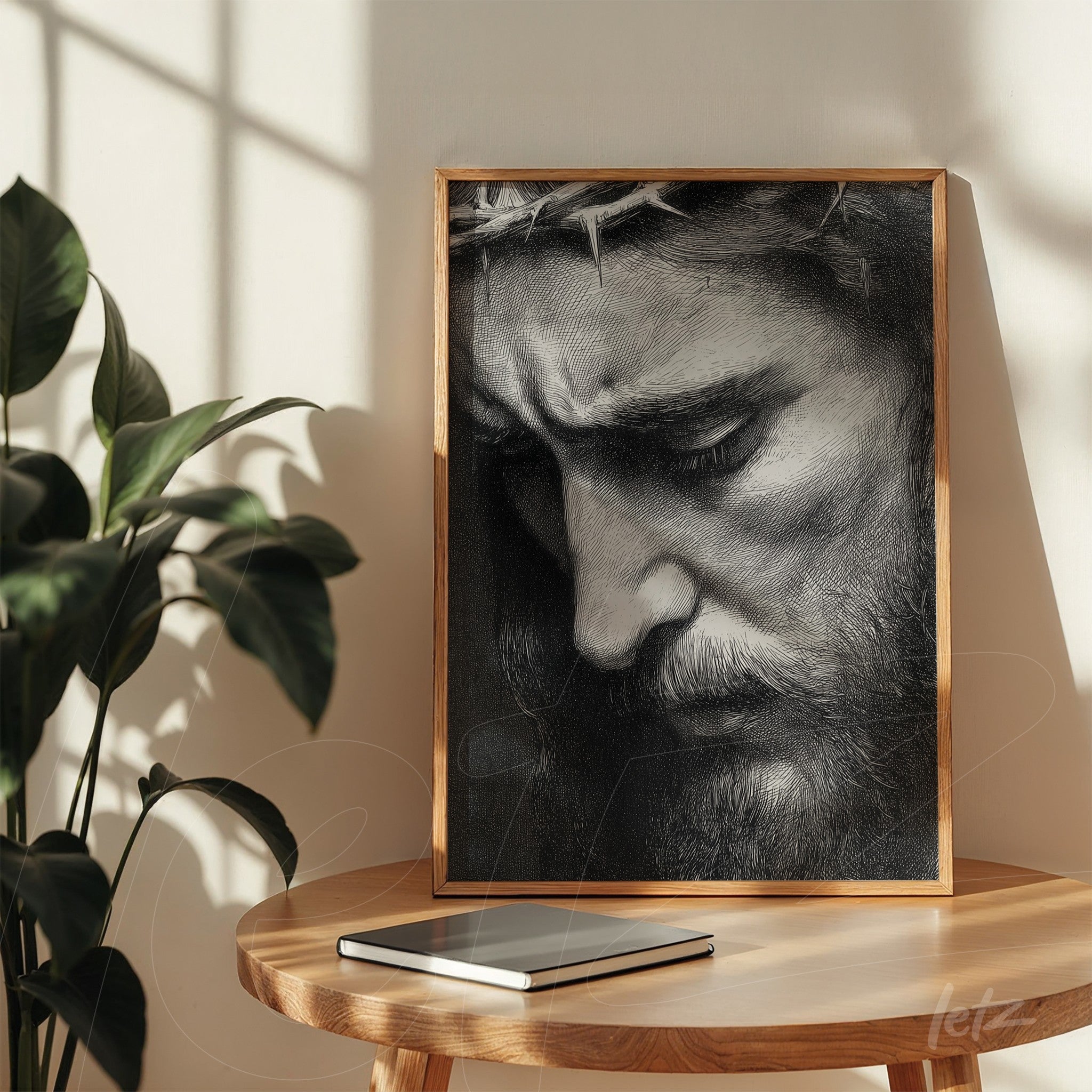 quadro emoldurado representando um retrato em preto e branco de um homem com coroa de espinhos e expressão serena em um ambiente iluminado