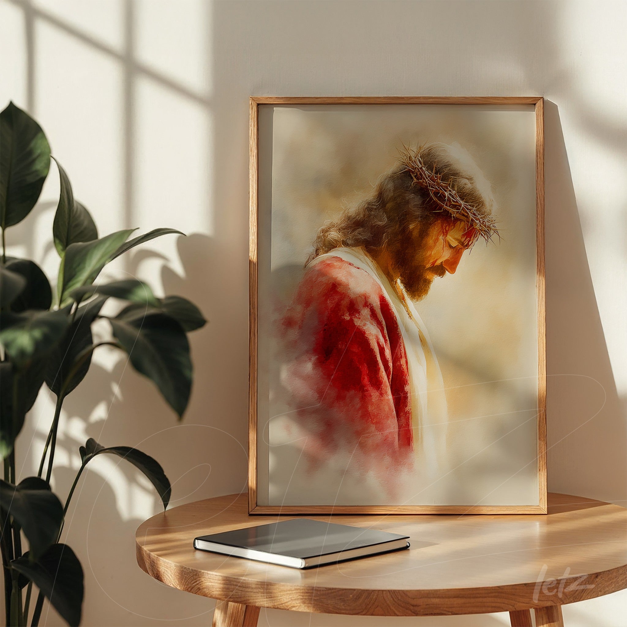 quadro com retrato artístico de Jesus Cristo usando coroa de espinhos em moldura de madeira clara