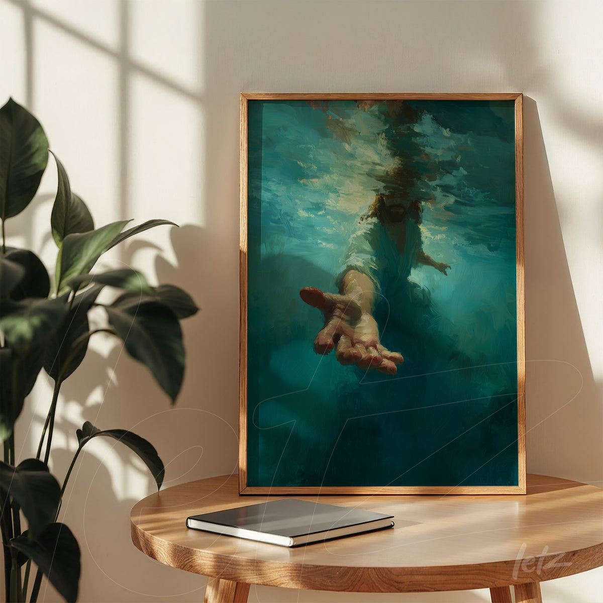 quadro com arte digital de uma mão emergindo da água em moldura de madeira clara