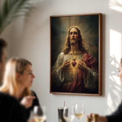 quadro de arte religiosa com imagem de Jesus Cristo segurando o coração sagrado em moldura de madeira escura