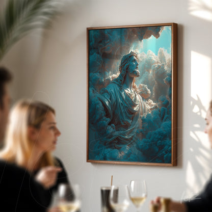 quadro com arte digital de figura religiosa em meio a nuvens azuladas com moldura de madeira clara