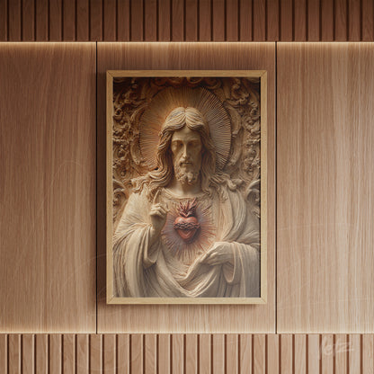 quadro com escultura tridimensional de Jesus Cristo com o Sagrado Coração, em moldura de madeira clara