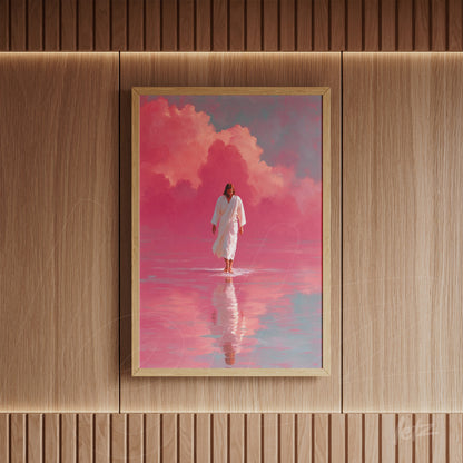 quadro com imagem de figura religiosa caminhando sobre água refletindo nuvens rosas em moldura clara