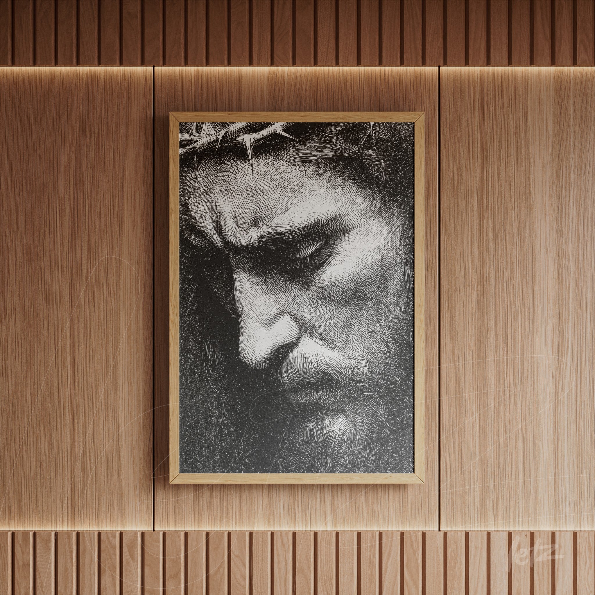 quadro em preto e branco com imagem de rosto masculino com coroa de espinhos em moldura de madeira clara