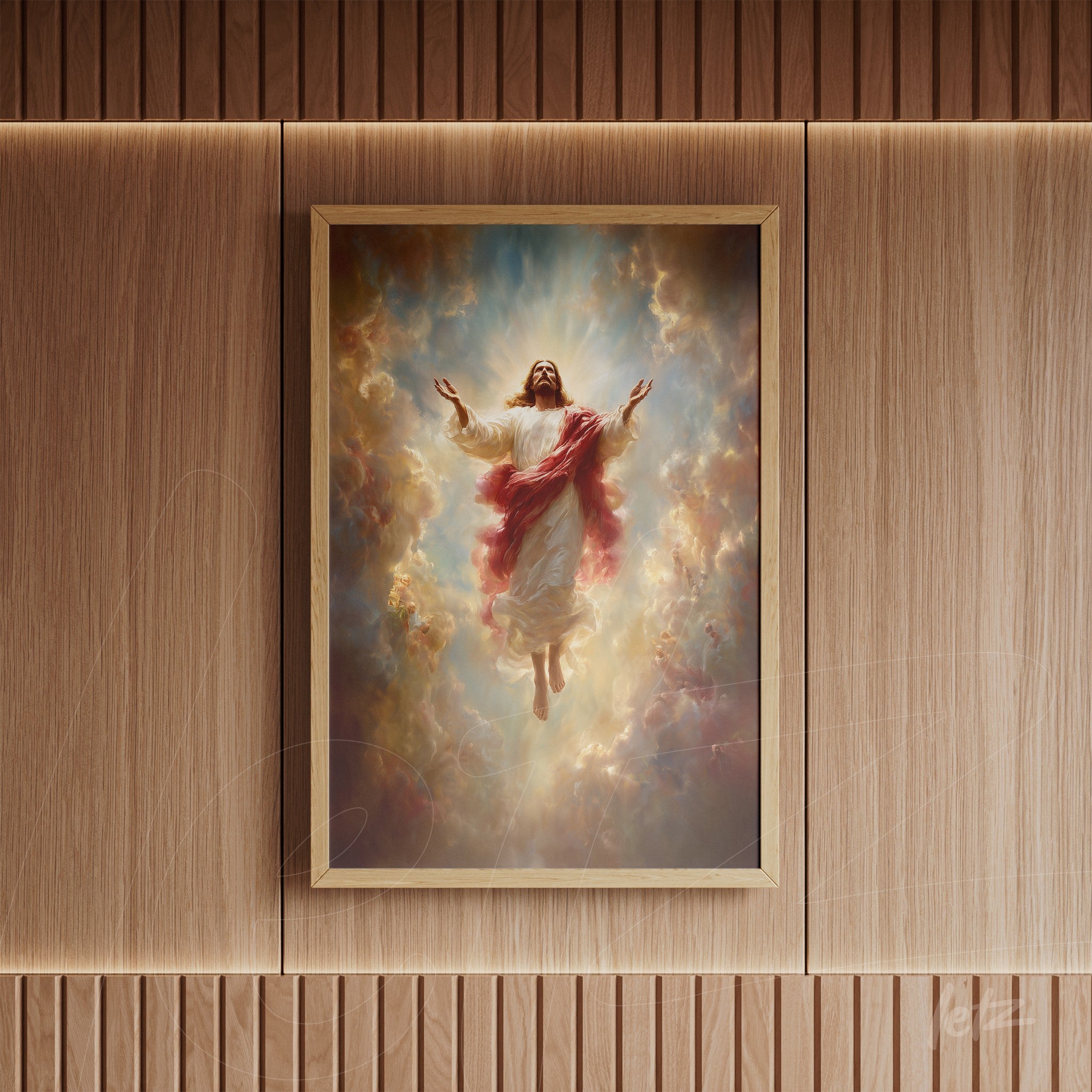 quadro com representação de Jesus Cristo em ascensão, moldura de madeira clara sobre fundo de parede de painéis de madeira