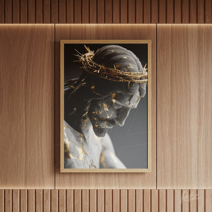 quadro em moldura dourada com escultura de Jesus Cristo em detalhes dourados e fundo escuro