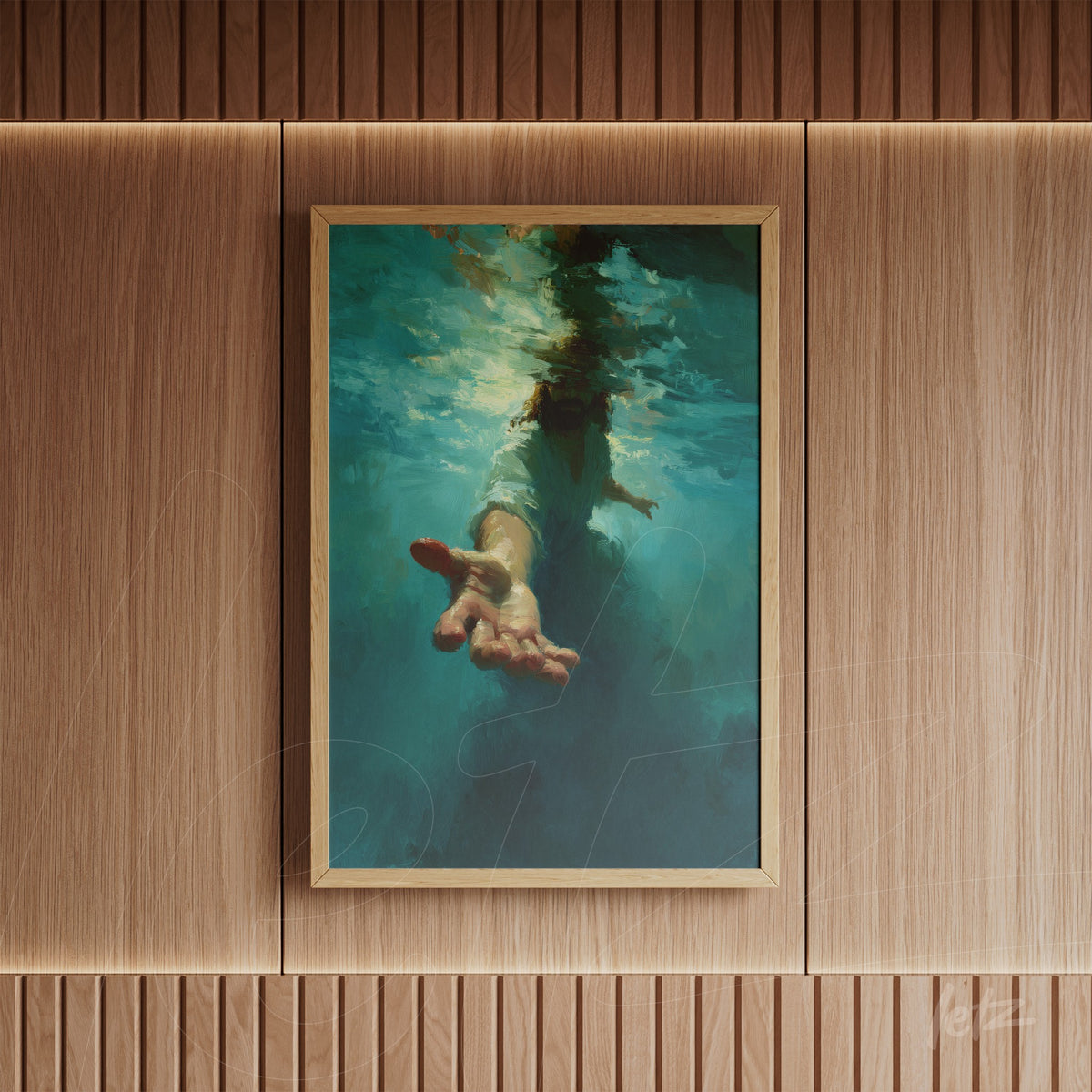 quadro com arte abstrata de uma mão emergindo da água em moldura de madeira clara