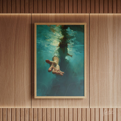 quadro com arte abstrata de uma mão emergindo da água em moldura de madeira clara