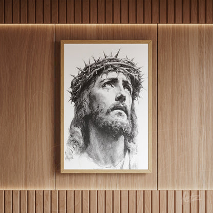 quadro com retrato em preto e branco de Jesus Cristo com coroa de espinhos em moldura dourada