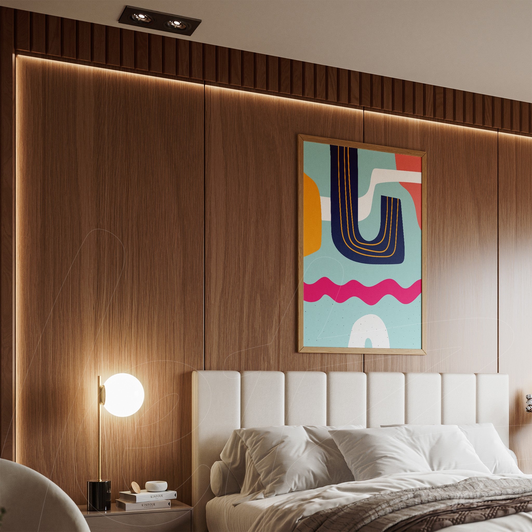 ```json
{
  "alt": "quadro abstrato com cores boho modernas em moldura de madeira, exposto acima de cama com cabeceira estofada em quarto contemporâneo",
  "alt_en": "abstract art with modern boho colors in wooden frame, displayed above a tufted headboard bed in a contemporary bedroom"
}
```