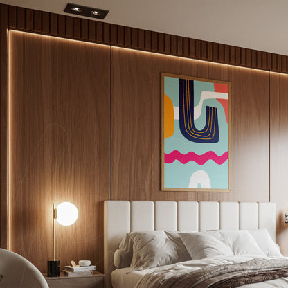 ```json
{
  "alt": "quadro abstrato com cores boho modernas em moldura de madeira, exposto acima de cama com cabeceira estofada em quarto contemporâneo",
  "alt_en": "abstract art with modern boho colors in wooden frame, displayed above a tufted headboard bed in a contemporary bedroom"
}
```
