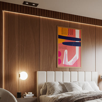 quadro boho com cores modernas em moldura de madeira em quarto contemporâneo