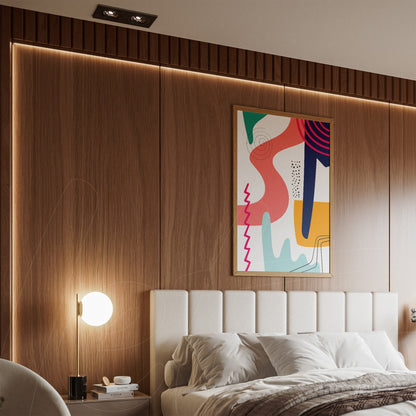 quadro com arte abstrata geométrica em moldura de madeira, exibido em quarto com parede de madeira