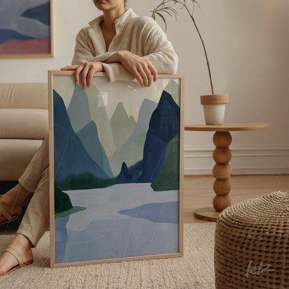 quadro com arte abstrata de montanhas verdes e lago em moldura de madeira clara