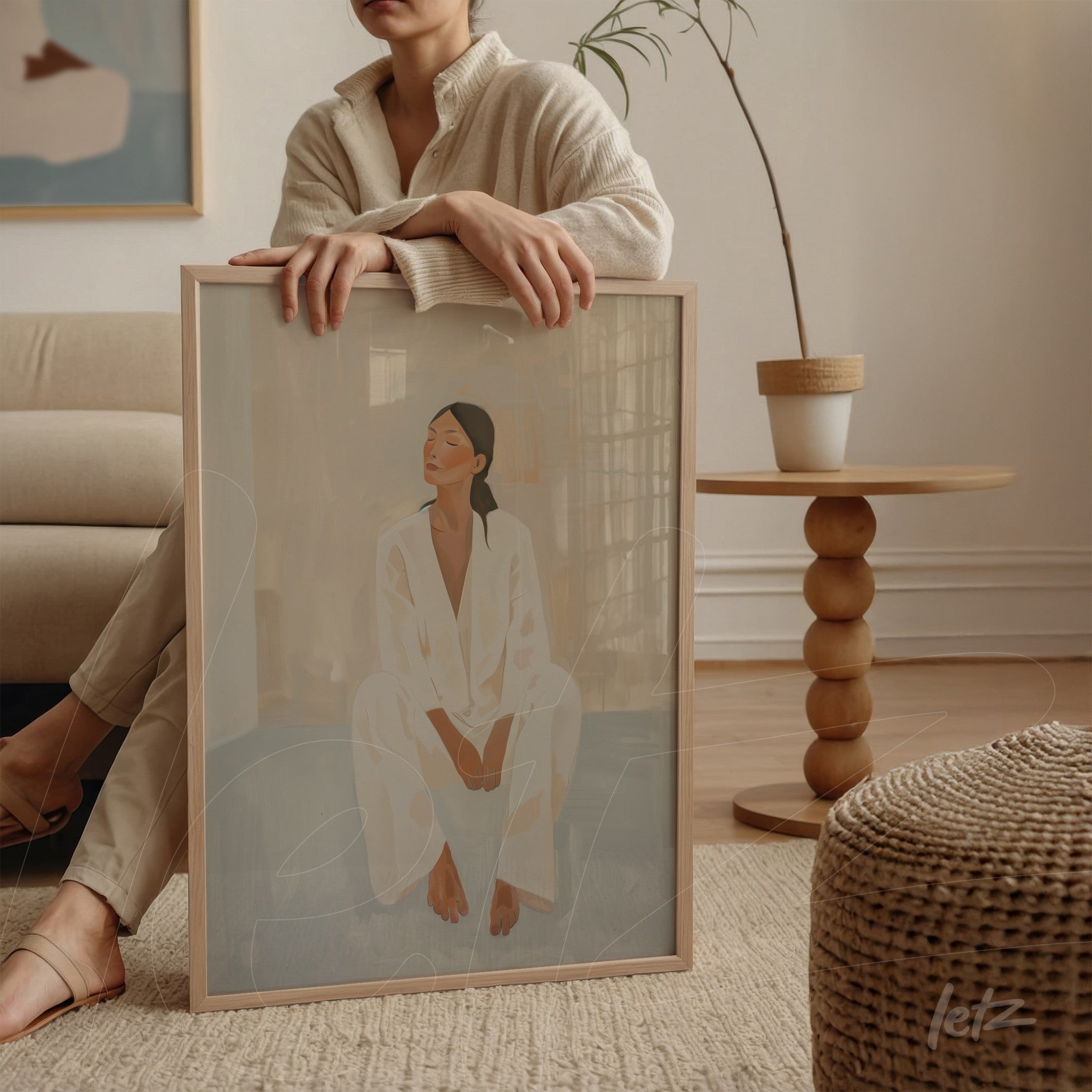 quadro com arte digital de mulher sentada em ambiente minimalista com moldura clara